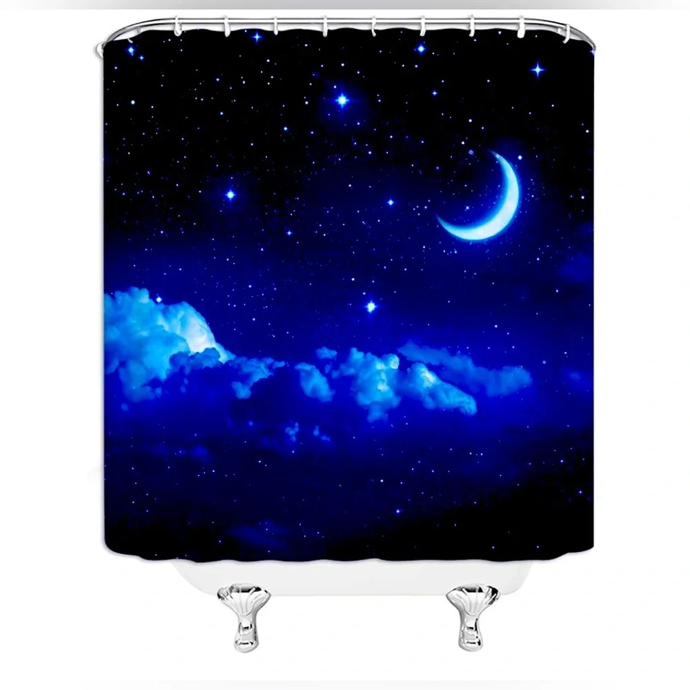 Moon & Star Night Sky Galaxy Shower Curtain - Dark Blue Navy Black - 70” x 70”